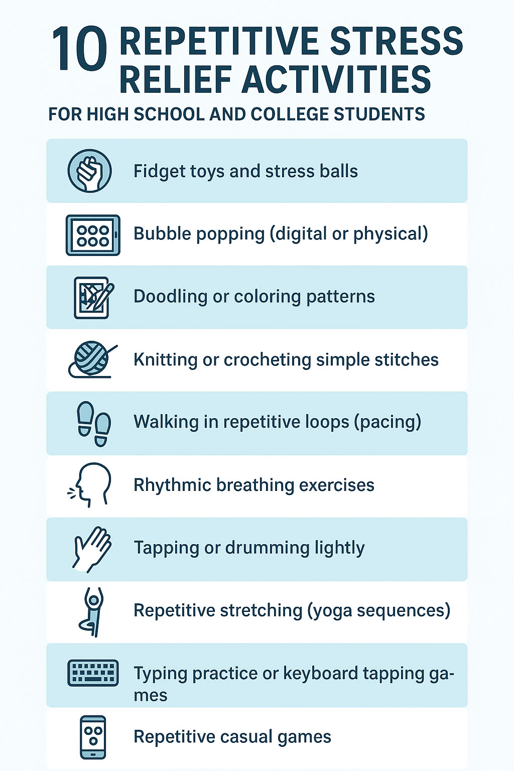 Illustration showing 10 different stress relief activities for students including bubble popping, fidget toys, doodling, and breathing exercises