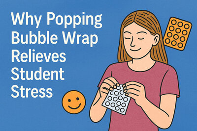Students engaging in oddly satisfying stress relief activities like bubble wrap popping and fidget toys